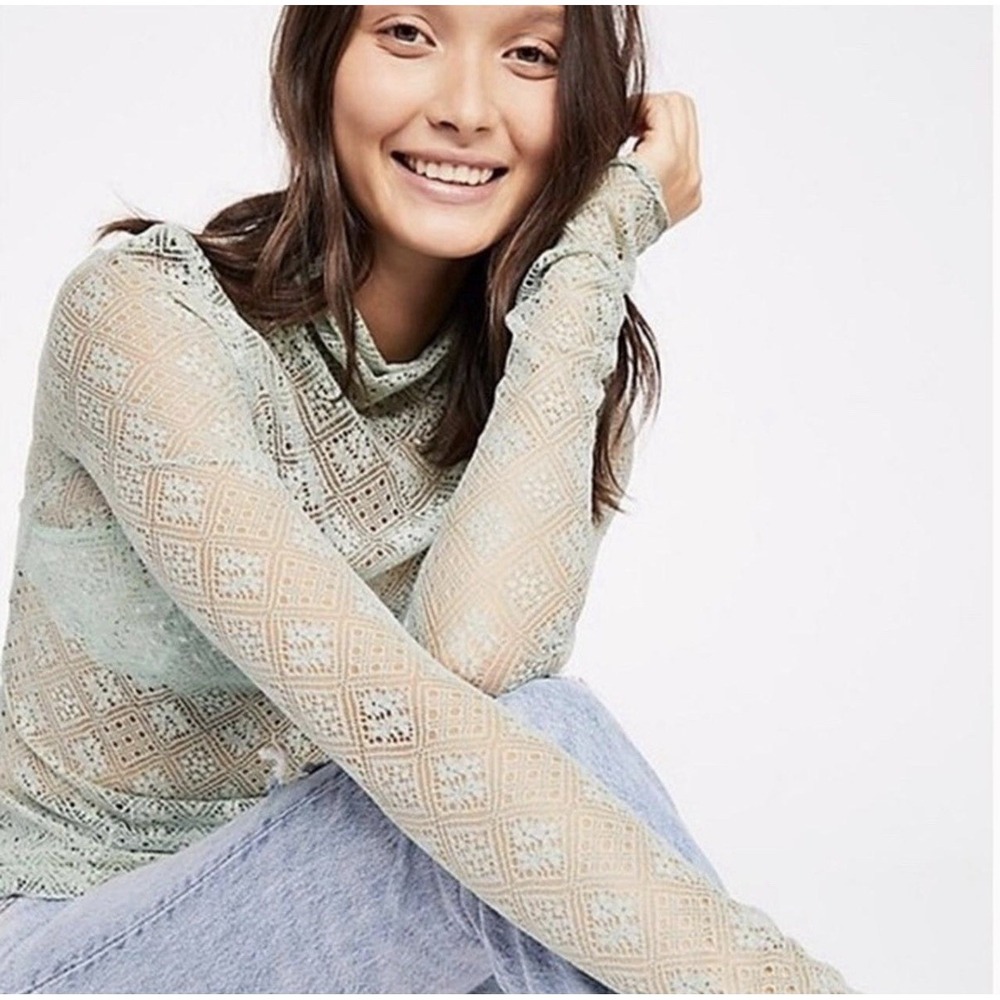 Free People Sweet Memories Sheer Lace Layering Top Women Size Large Green Boho